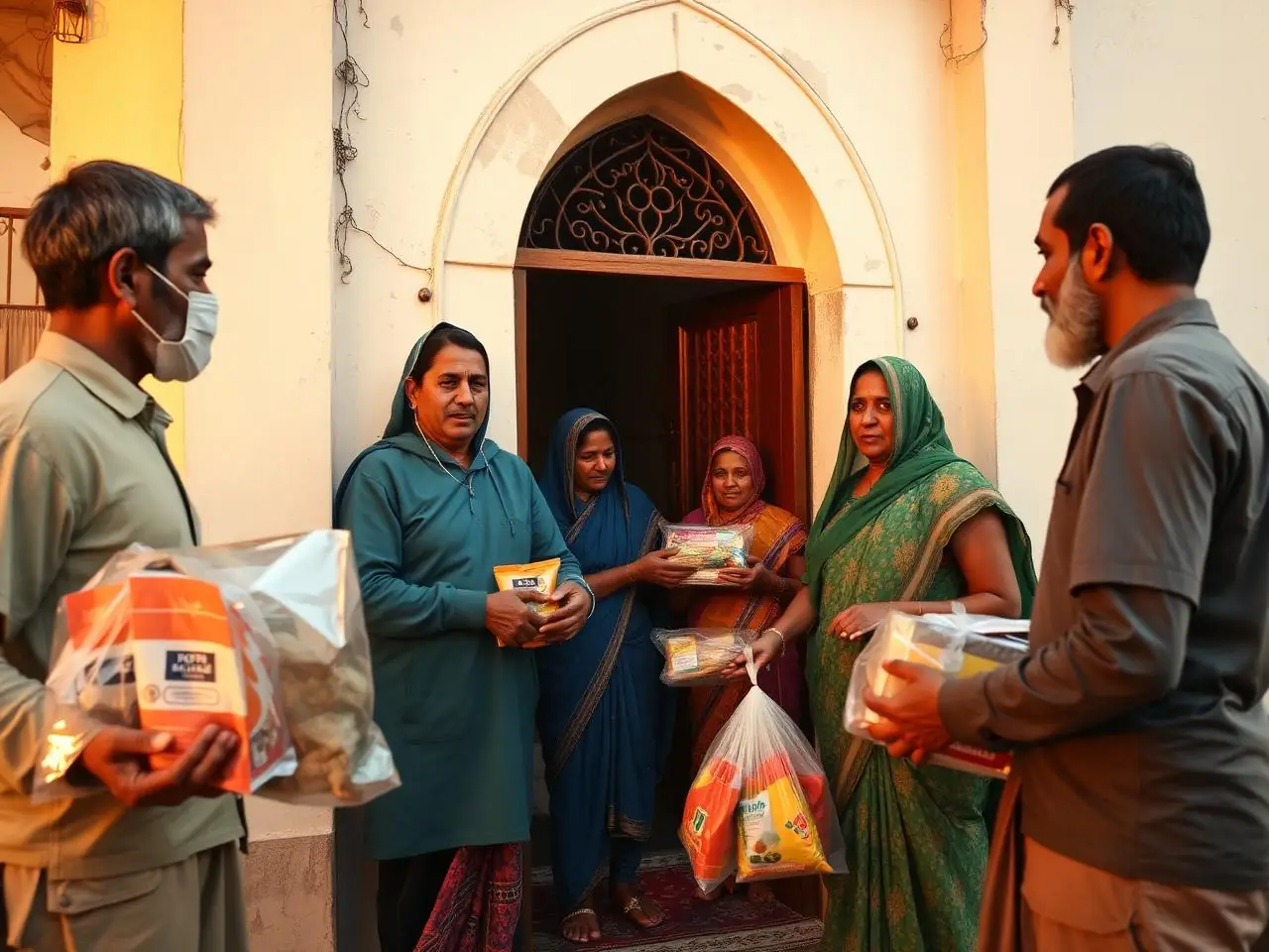 Volunteers distributing ration parcels to families